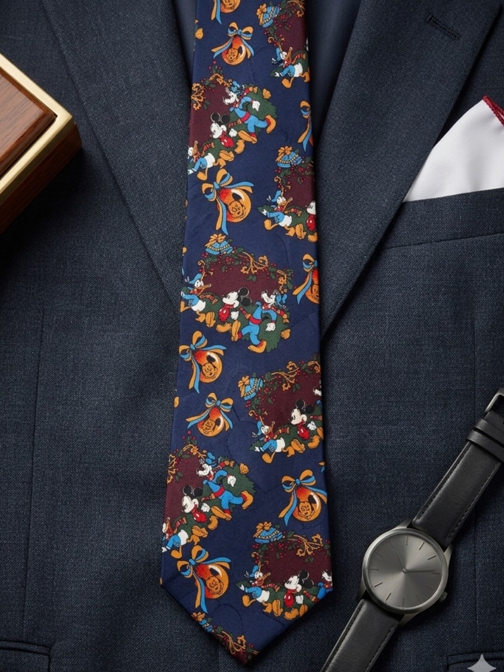 Disney Navy Tie with Gold, Red and Blue Mickey & Friends holiday Pattern